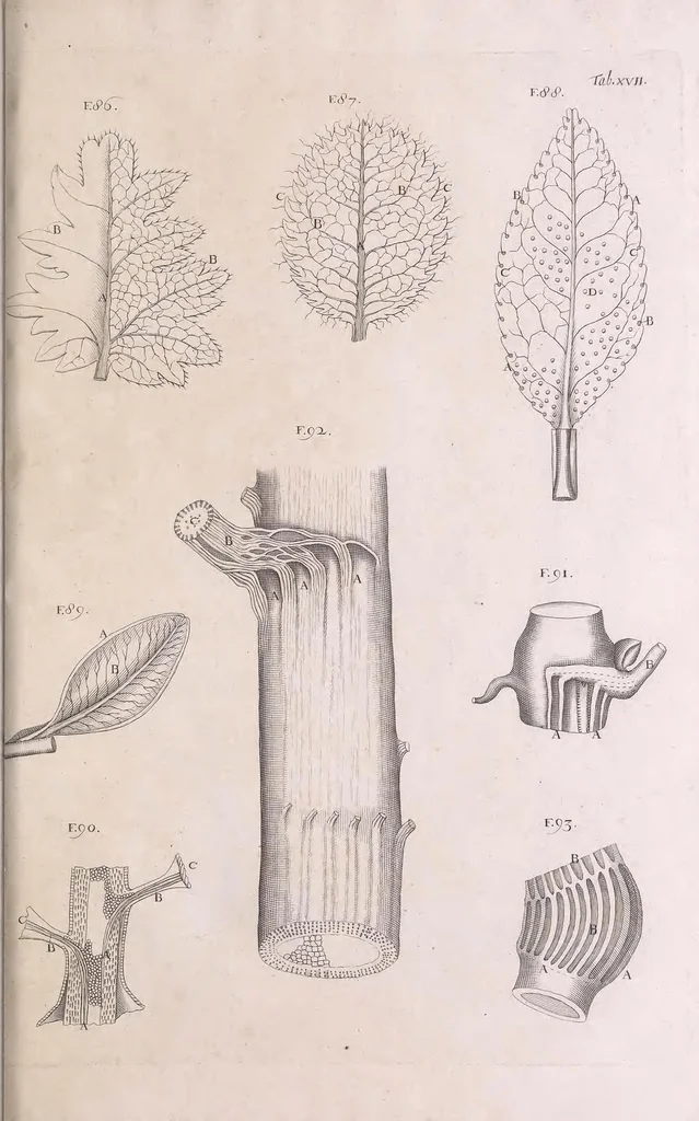 An illustration from Marcelli Malpighii philosophi & medici Bononiensis, è Regia Societate, Anatome plantarum : Cui subjungitur appendix, iteratas & auctas ejusdem authoris De ovo incubato observationes continens, 1675, leaf 165