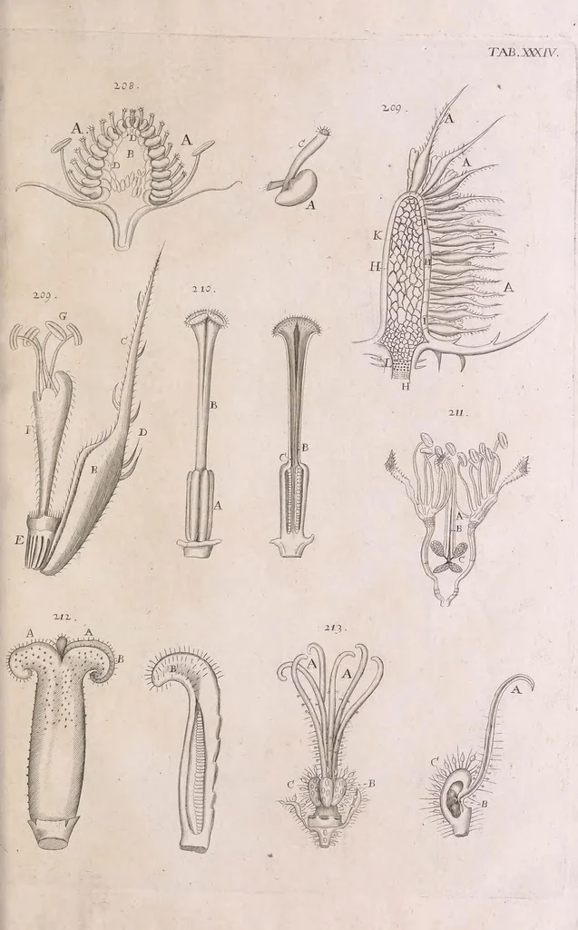 An illustration from Marcelli Malpighii philosophi & medici Bononiensis, è Regia Societate, Anatome plantarum : Cui subjungitur appendix, iteratas & auctas ejusdem authoris De ovo incubato observationes continens, 1675, leaf 199