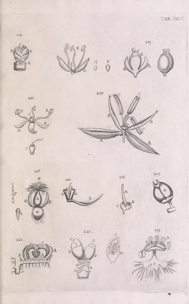 An illustration from Marcelli Malpighii philosophi & medici Bononiensis, è Regia Societate, Anatome plantarum : Cui subjungitur appendix, iteratas & auctas ejusdem authoris De ovo incubato observationes continens, 1675, leaf 201