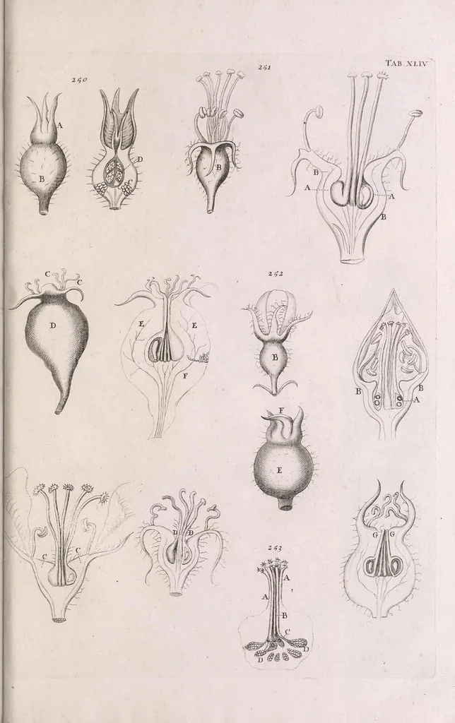 An illustration from Marcelli Malpighii philosophi & medici Bononiensis, è Regia Societate, Anatome plantarum : Cui subjungitur appendix, iteratas & auctas ejusdem authoris De ovo incubato observationes continens, 1675, leaf 219