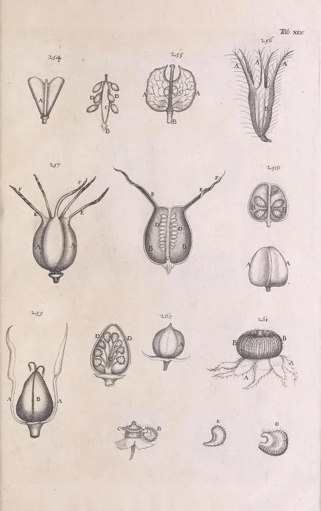 An illustration from Marcelli Malpighii philosophi & medici Bononiensis, è Regia Societate, Anatome plantarum : Cui subjungitur appendix, iteratas & auctas ejusdem authoris De ovo incubato observationes continens, 1675, leaf 221