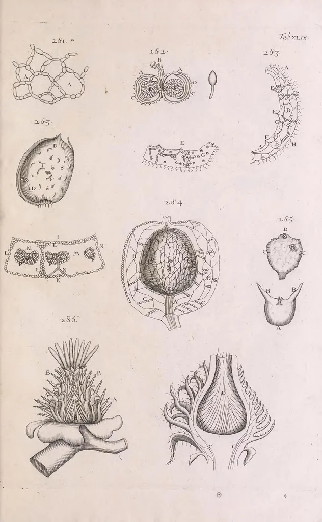 An illustration from Marcelli Malpighii philosophi & medici Bononiensis, è Regia Societate, Anatome plantarum : Cui subjungitur appendix, iteratas & auctas ejusdem authoris De ovo incubato observationes continens, 1675, leaf 229