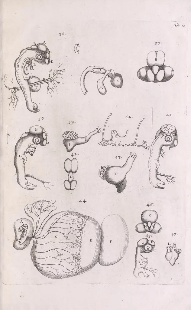 An illustration from Marcelli Malpighii philosophi & medici Bononiensis, è Regia Societate, Anatome plantarum : Cui subjungitur appendix, iteratas & auctas ejusdem authoris De ovo incubato observationes continens, 1675, leaf 249