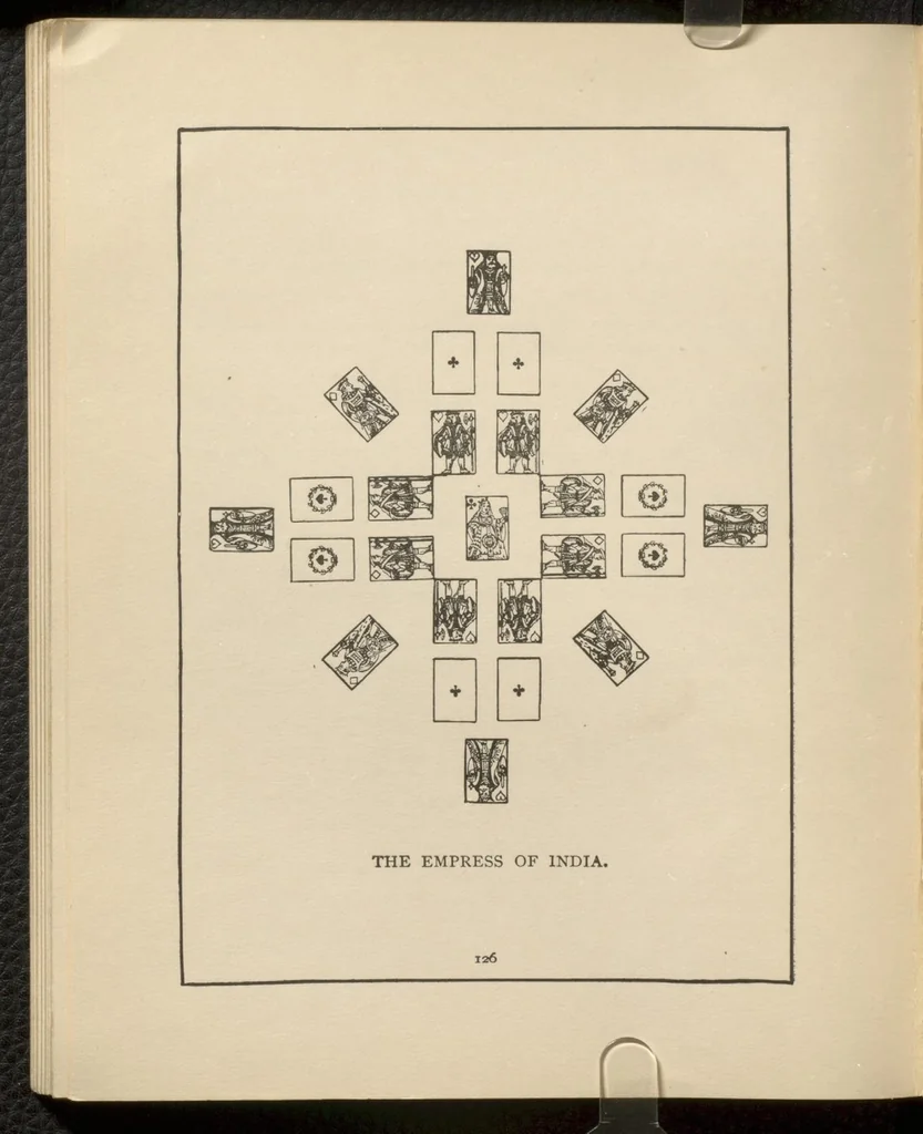 An illustration from Dick's games of patience, or, Solitaire with cards, 1884, leaf 129