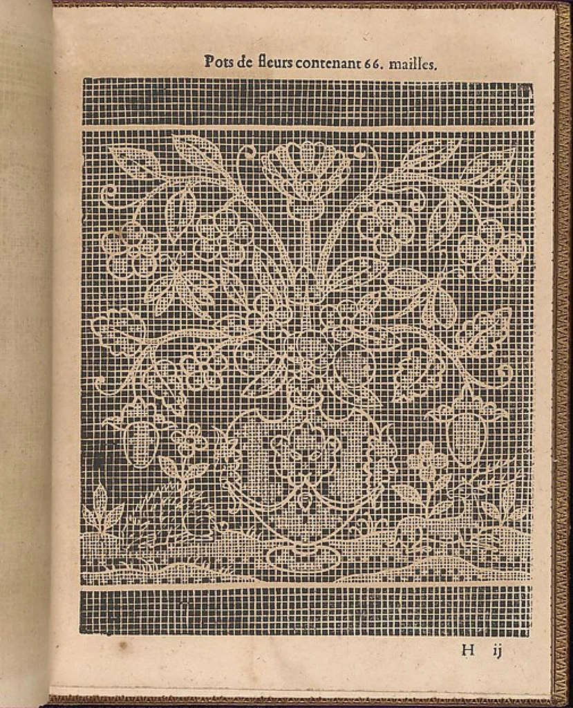 An illustration from La pratique de l'aiguille industrieus du tres-excellent Milour Matthias Mignerak anglois, ouurier fort expert en toute sorte de lingerieoù sont tracez diuers compartimens de carrez, tous differans en grandeur et inuention, auec les plus exquises bordures, desseins et ordonances qui sesoient veuz iusques à ce iourd'hui tant poetiques historiques, qu'autres ouurages de poinct de rebordensemble les nouuelles inuencions françoises pour ce qui est de deuotion contemplation, 1605, leaf 33