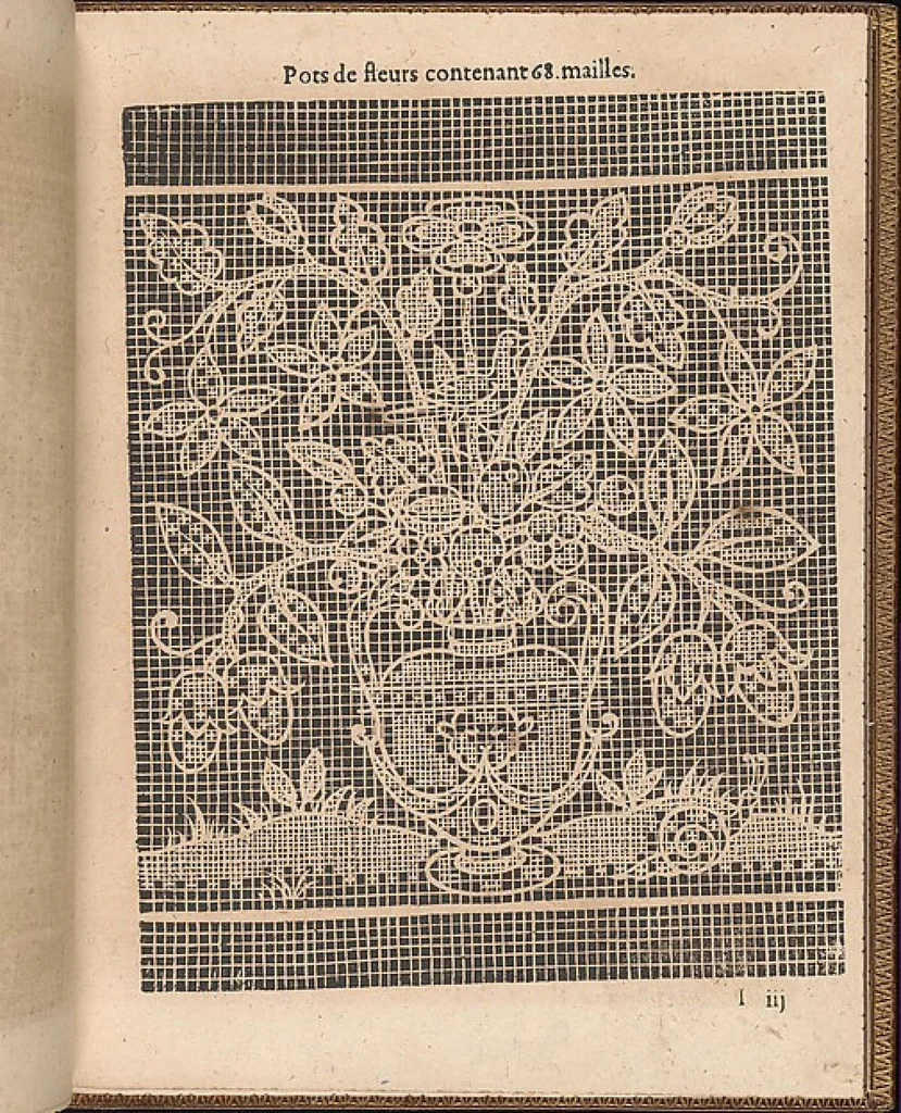 An illustration from La pratique de l'aiguille industrieus du tres-excellent Milour Matthias Mignerak anglois, ouurier fort expert en toute sorte de lingerieoù sont tracez diuers compartimens de carrez, tous differans en grandeur et inuention, auec les plus exquises bordures, desseins et ordonances qui sesoient veuz iusques à ce iourd'hui tant poetiques historiques, qu'autres ouurages de poinct de rebordensemble les nouuelles inuencions françoises pour ce qui est de deuotion contemplation, 1605, leaf 38