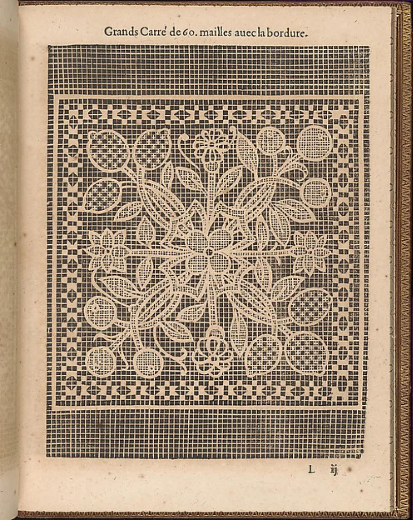 An illustration from La pratique de l'aiguille industrieus du tres-excellent Milour Matthias Mignerak anglois, ouurier fort expert en toute sorte de lingerieoù sont tracez diuers compartimens de carrez, tous differans en grandeur et inuention, auec les plus exquises bordures, desseins et ordonances qui sesoient veuz iusques à ce iourd'hui tant poetiques historiques, qu'autres ouurages de poinct de rebordensemble les nouuelles inuencions françoises pour ce qui est de deuotion contemplation, 1605, leaf 45