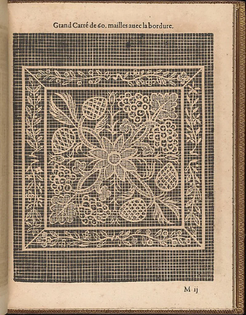 An illustration from La pratique de l'aiguille industrieus du tres-excellent Milour Matthias Mignerak anglois, ouurier fort expert en toute sorte de lingerieoù sont tracez diuers compartimens de carrez, tous differans en grandeur et inuention, auec les plus exquises bordures, desseins et ordonances qui sesoient veuz iusques à ce iourd'hui tant poetiques historiques, qu'autres ouurages de poinct de rebordensemble les nouuelles inuencions françoises pour ce qui est de deuotion contemplation, 1605, leaf 49