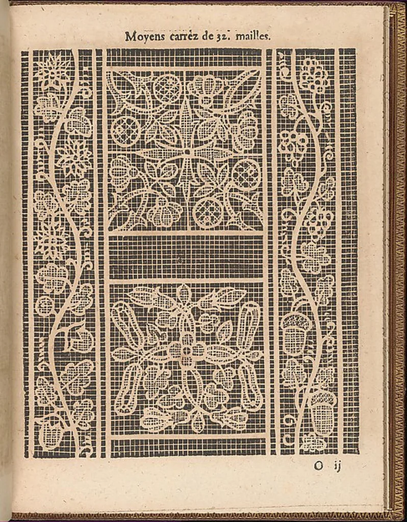 An illustration from La pratique de l'aiguille industrieus du tres-excellent Milour Matthias Mignerak anglois, ouurier fort expert en toute sorte de lingerieoù sont tracez diuers compartimens de carrez, tous differans en grandeur et inuention, auec les plus exquises bordures, desseins et ordonances qui sesoient veuz iusques à ce iourd'hui tant poetiques historiques, qu'autres ouurages de poinct de rebordensemble les nouuelles inuencions françoises pour ce qui est de deuotion contemplation, 1605, leaf 57