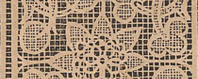 An illustration from La pratique de l'aiguille industrieus du tres-excellent Milour Matthias Mignerak anglois, ouurier fort expert en toute sorte de lingerieoù sont tracez diuers compartimens de carrez, tous differans en grandeur et inuention, auec les plus exquises bordures, desseins et ordonances qui sesoient veuz iusques à ce iourd'hui tant poetiques historiques, qu'autres ouurages de poinct de rebordensemble les nouuelles inuencions françoises pour ce qui est de deuotion contemplation, 1605, leaf 61