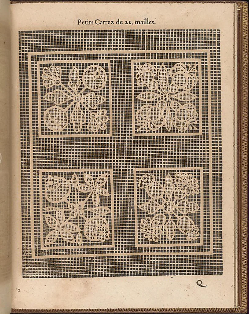 An illustration from La pratique de l'aiguille industrieus du tres-excellent Milour Matthias Mignerak anglois, ouurier fort expert en toute sorte de lingerieoù sont tracez diuers compartimens de carrez, tous differans en grandeur et inuention, auec les plus exquises bordures, desseins et ordonances qui sesoient veuz iusques à ce iourd'hui tant poetiques historiques, qu'autres ouurages de poinct de rebordensemble les nouuelles inuencions françoises pour ce qui est de deuotion contemplation, 1605, leaf 65