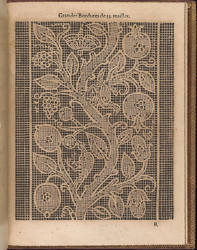 An illustration from La pratique de l'aiguille industrieus du tres-excellent Milour Matthias Mignerak anglois, ouurier fort expert en toute sorte de lingerieoù sont tracez diuers compartimens de carrez, tous differans en grandeur et inuention, auec les plus exquises bordures, desseins et ordonances qui sesoient veuz iusques à ce iourd'hui tant poetiques historiques, qu'autres ouurages de poinct de rebordensemble les nouuelles inuencions françoises pour ce qui est de deuotion contemplation, 1605, leaf 69