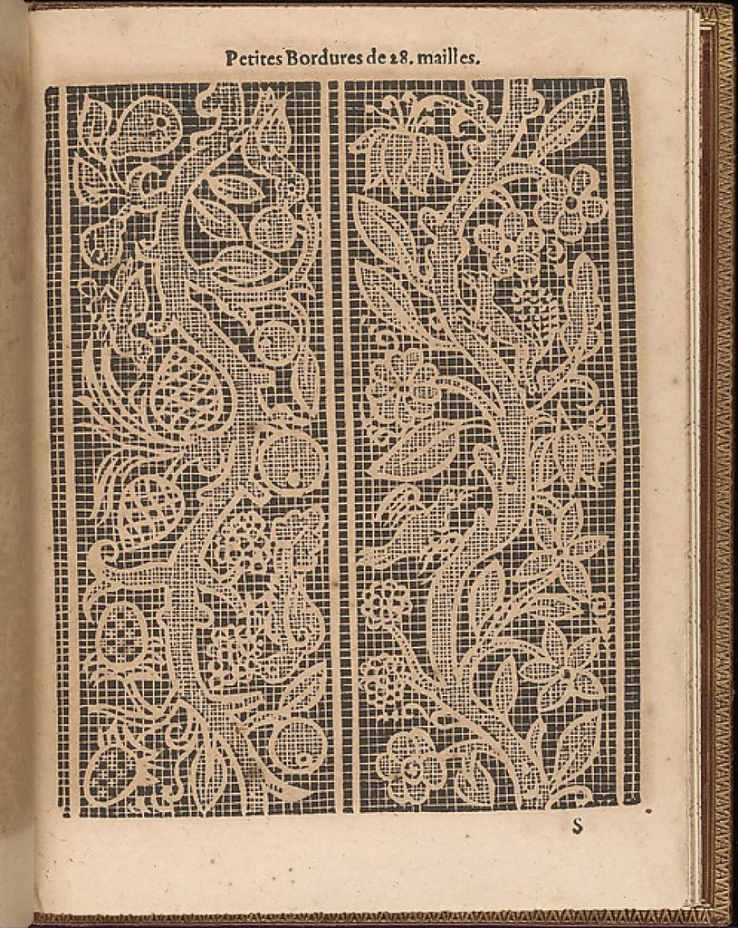 An illustration from La pratique de l'aiguille industrieus du tres-excellent Milour Matthias Mignerak anglois, ouurier fort expert en toute sorte de lingerieoù sont tracez diuers compartimens de carrez, tous differans en grandeur et inuention, auec les plus exquises bordures, desseins et ordonances qui sesoient veuz iusques à ce iourd'hui tant poetiques historiques, qu'autres ouurages de poinct de rebordensemble les nouuelles inuencions françoises pour ce qui est de deuotion contemplation, 1605, leaf 73