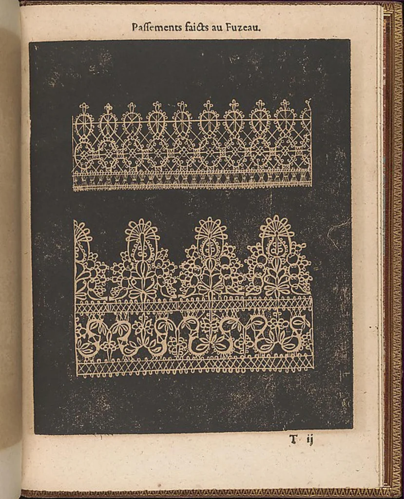 An illustration from La pratique de l'aiguille industrieus du tres-excellent Milour Matthias Mignerak anglois, ouurier fort expert en toute sorte de lingerieoù sont tracez diuers compartimens de carrez, tous differans en grandeur et inuention, auec les plus exquises bordures, desseins et ordonances qui sesoient veuz iusques à ce iourd'hui tant poetiques historiques, qu'autres ouurages de poinct de rebordensemble les nouuelles inuencions françoises pour ce qui est de deuotion contemplation, 1605, leaf 78