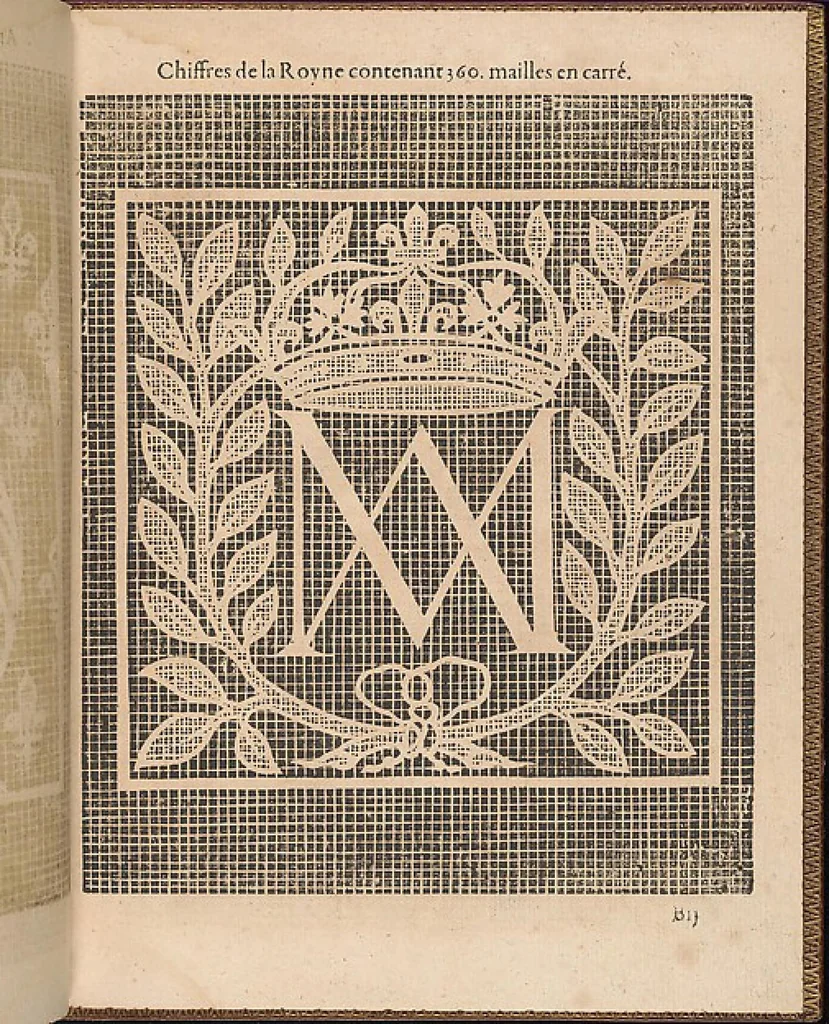 An illustration from La pratique de l'aiguille industrieus du tres-excellent Milour Matthias Mignerak anglois, ouurier fort expert en toute sorte de lingerieoù sont tracez diuers compartimens de carrez, tous differans en grandeur et inuention, auec les plus exquises bordures, desseins et ordonances qui sesoient veuz iusques à ce iourd'hui tant poetiques historiques, qu'autres ouurages de poinct de rebordensemble les nouuelles inuencions françoises pour ce qui est de deuotion contemplation, 1605, leaf 9