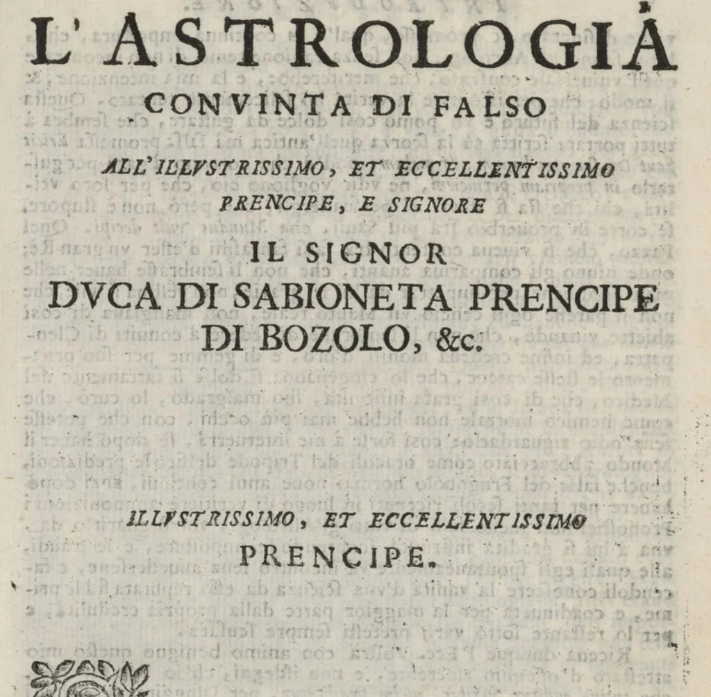 An illustration from L'astrologia conuinta di falso col mezzo di nuoue esperienze, e ragioni fisico-astronomiche, o' sia La caccia del frugnuolo di Geminiano Montanari modanese, 1685, leaf 18