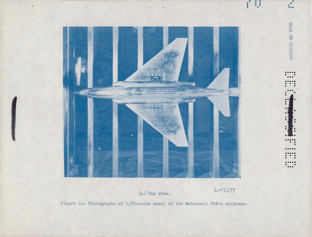 An illustration from Preliminary Investigation of the Static Longitudinal and Lateral Stability Characteristics of a 1/20-Scale Model of the Mcdonnell F4H-1 Airplane at Mach Numbers of 1.59, 1.89, and 2.09, 1956, leaf 11