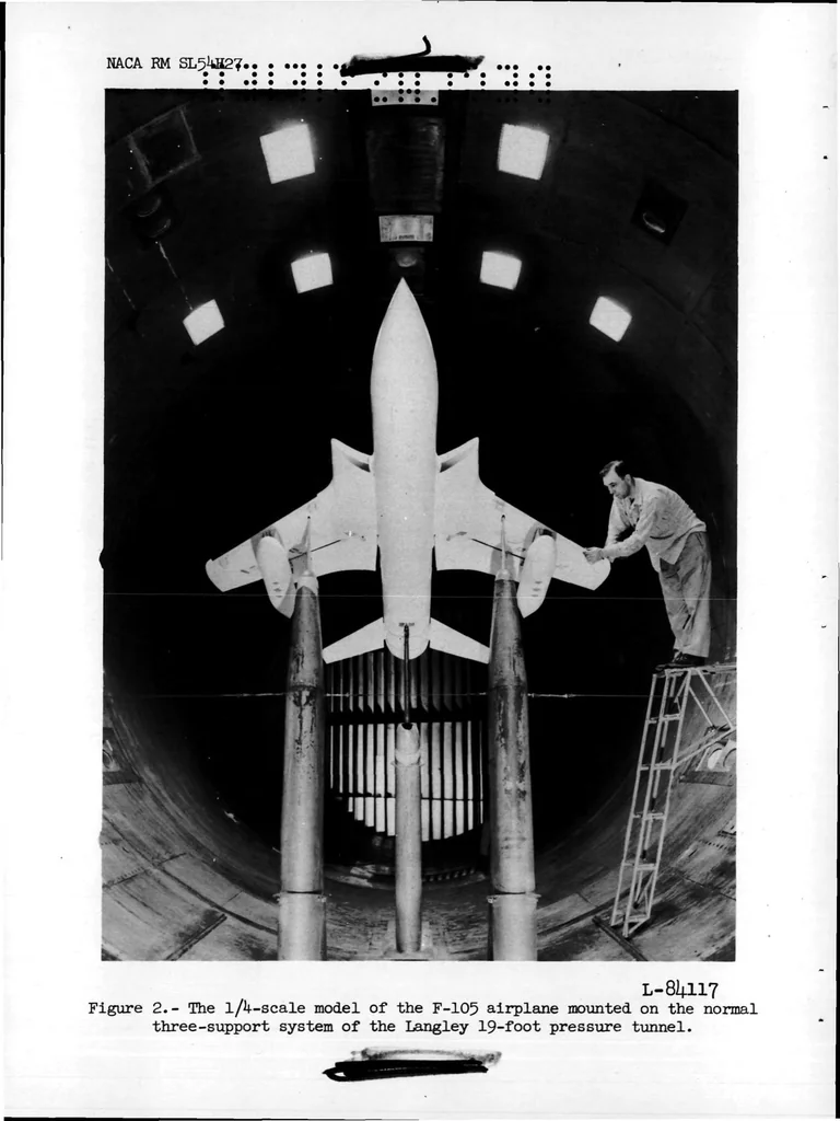 An illustration from Investigation of a 1/4-Scale Model of the Republic F-105 Airplane in the Langley 19-Foot Pressure Tunnel. Influence of Trailing-Edge Flap Span and Deflection on the Longitudinal Characteristics, 1954, leaf 16