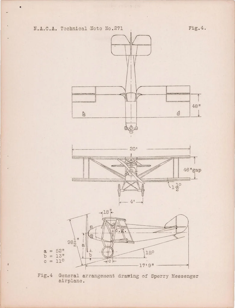 An illustration from Full Scale Drag Tests on Various Parts of Sperry Messenger Airplane, 1928, leaf 9