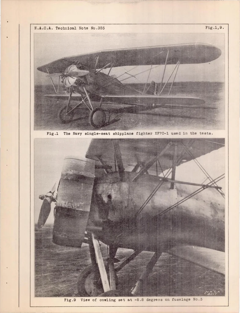 An illustration from Effect of the Angular Position of the Section of a Ring Cowling on the High Speed of an XF7C-1 Airplane, 1930, leaf 16