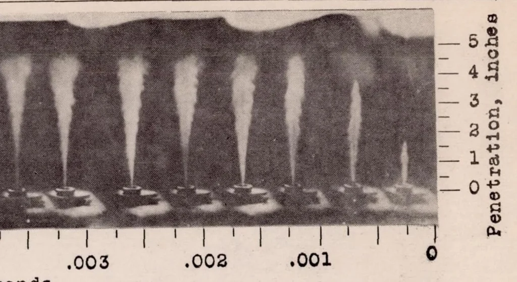 An illustration from Some Effects of Air and Fuel Oil Temperatures on Spray Penetration and Dispersion, 1930, leaf 14