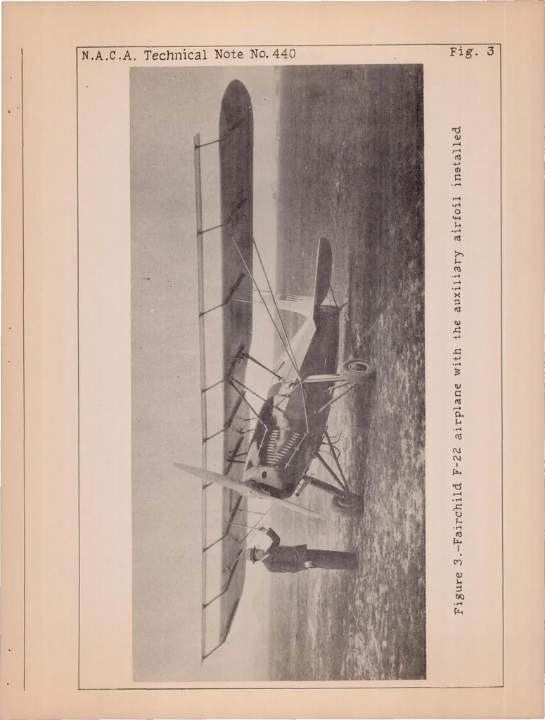 An illustration from Flight Tests to Determine the Effect of a Fixed Auxiliary Airfoil on the Lift and Drag of a Parasol Monoplane, 1932, leaf 13