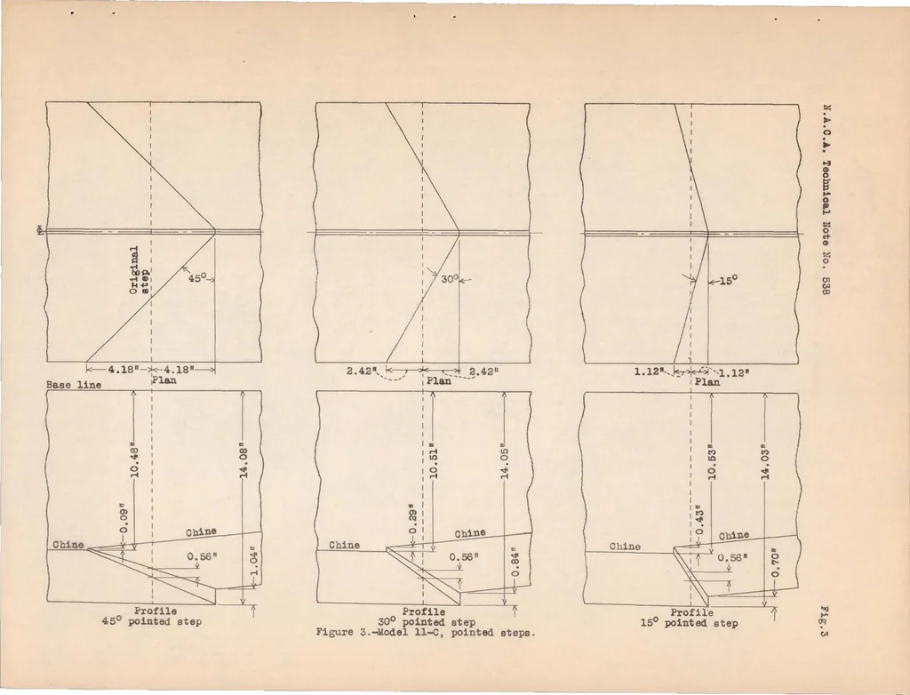 An illustration from A General Tank Test of NACA Model 11-C Flying-boat Hull, Including the Effect of Changing the Plan Form of the Step, 1935, leaf 12