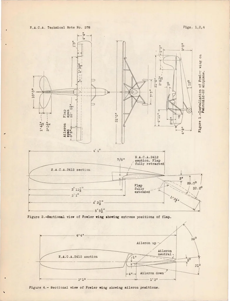 An illustration from Full-scale Wind-tunnel and Flight Tests of a Fairchild 22 Airplane Equipped with a Fowler Flap, 1936, leaf 20