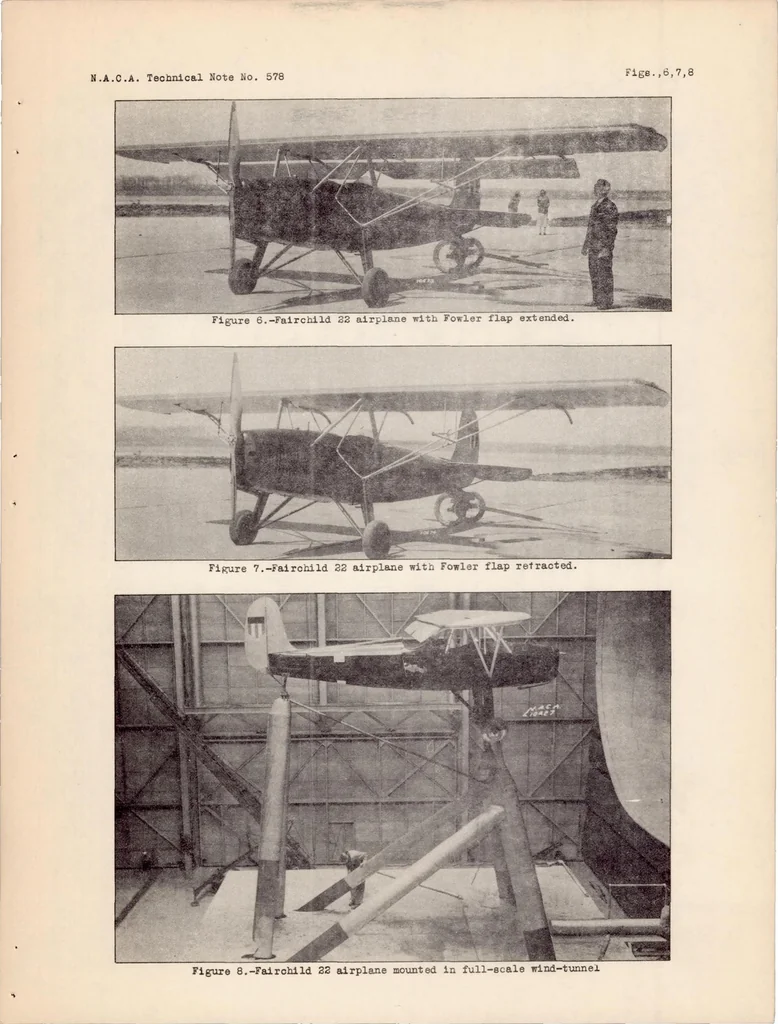 An illustration from Full-scale Wind-tunnel and Flight Tests of a Fairchild 22 Airplane Equipped with a Fowler Flap, 1936, leaf 23