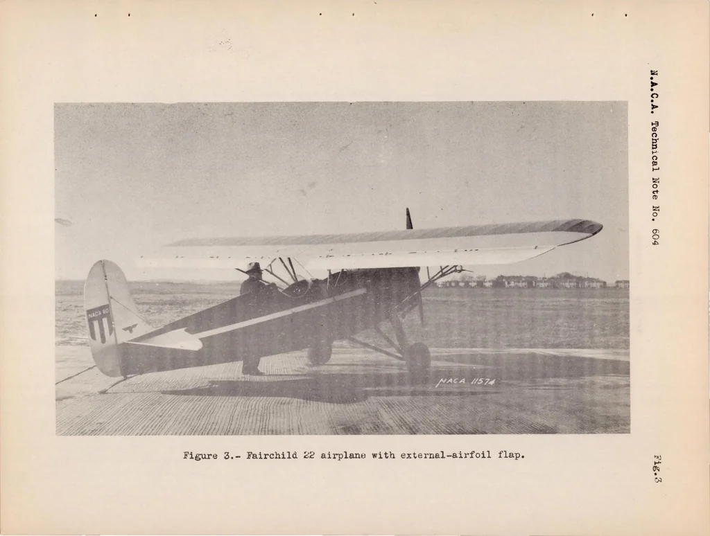 An illustration from Full-scale Wind-tunnel and Flight Tests of a Fairchild 22 Airplane Equipped with External-airfoil Flaps, 1937, leaf 20