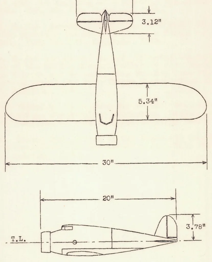 An illustration from Free-spinning Wind-tunnel Tests of a Low-wing Monoplane with Systemic Changes in Wings and Tails, 1937, leaf 15