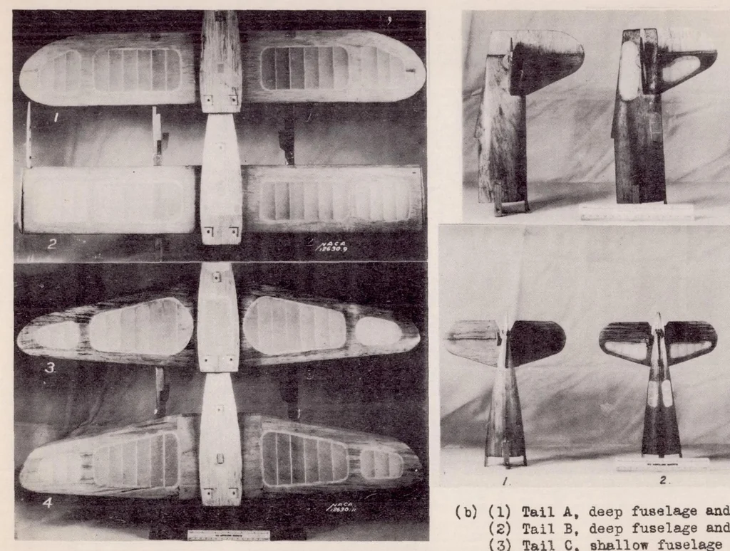 An illustration from Free-spinning Wind-tunnel Tests of a Low-wing Monoplane with Systemic Changes in Wings and Tails, 1937, leaf 19