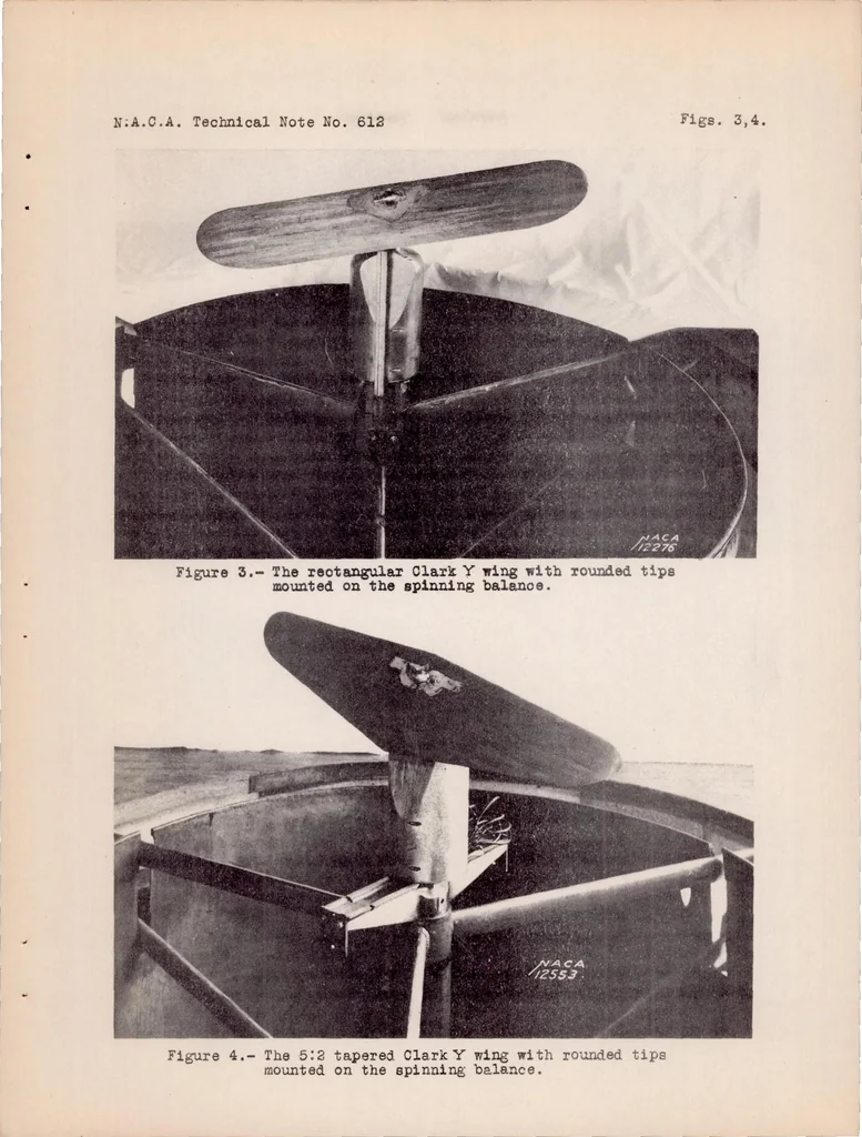 An illustration from Spinning Characteristics of Wings III : a Rectangular and Tapered Clark Y Monoplane Wing with Rounded Tips, 1937, leaf 17