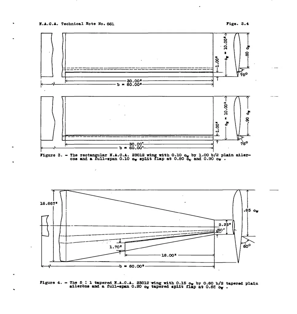 An illustration from Wind-tunnel investigation of rectangular and tapered NACA 23012 wings with plain ailerons and full-span split flaps, 1938, leaf 13