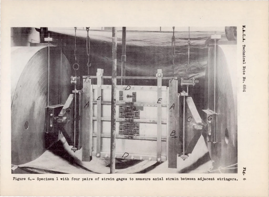 An illustration from Experimental Study of Deformation and of Effective Width in Axially Loaded Sheet-stringer Panels, 1939, leaf 68