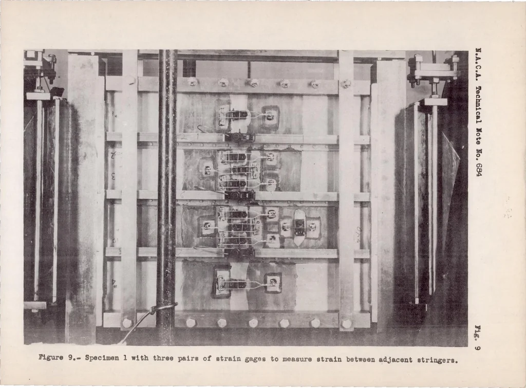 An illustration from Experimental Study of Deformation and of Effective Width in Axially Loaded Sheet-stringer Panels, 1939, leaf 69