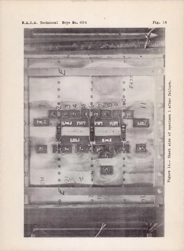 An illustration from Experimental Study of Deformation and of Effective Width in Axially Loaded Sheet-stringer Panels, 1939, leaf 73