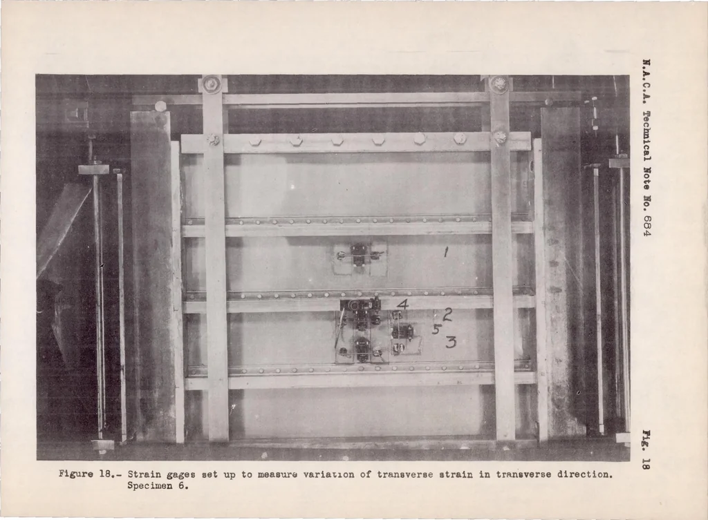 An illustration from Experimental Study of Deformation and of Effective Width in Axially Loaded Sheet-stringer Panels, 1939, leaf 76