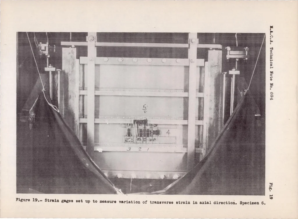 An illustration from Experimental Study of Deformation and of Effective Width in Axially Loaded Sheet-stringer Panels, 1939, leaf 77