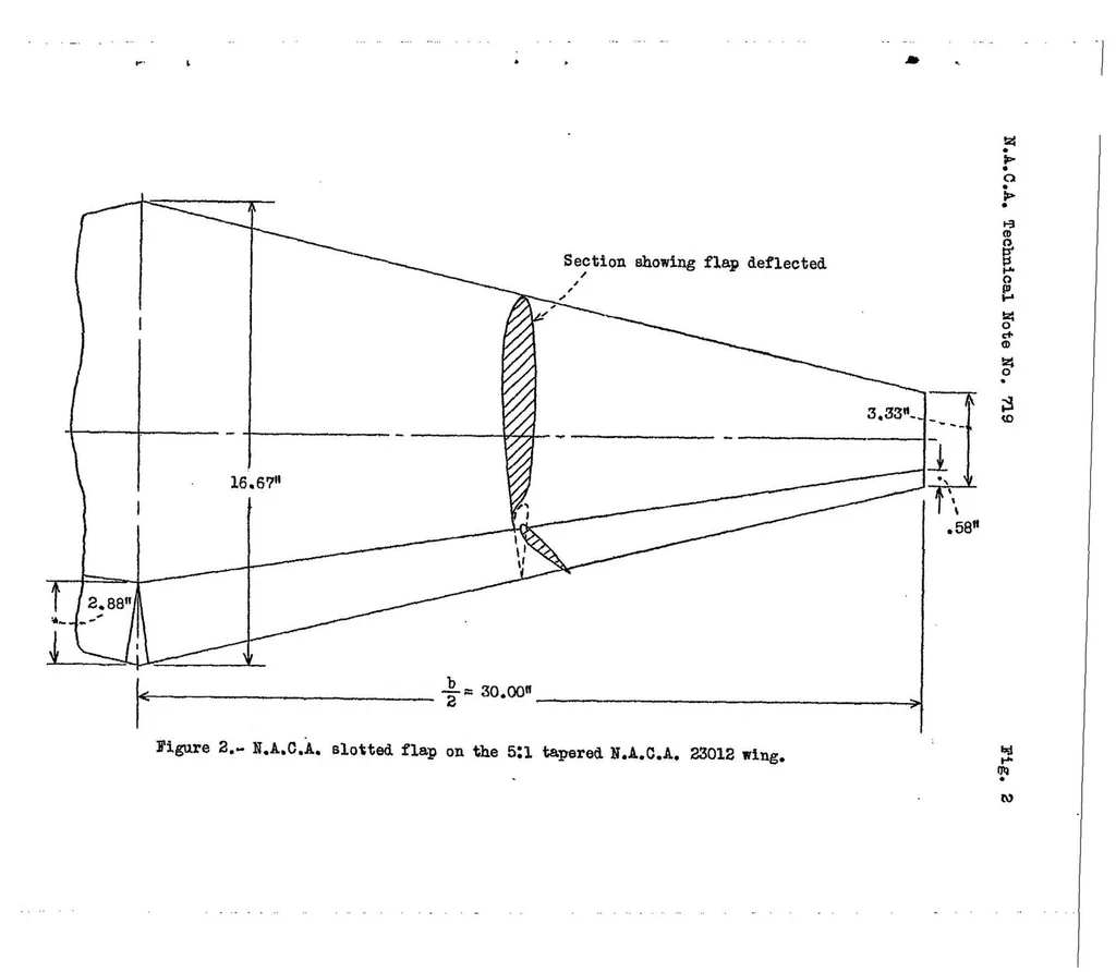 An illustration from The effects of partial-span slotted flaps on the aerodynamic characteristics of a rectangular and a tapered N.A.C.A. 23012 wing, 1939, leaf 7