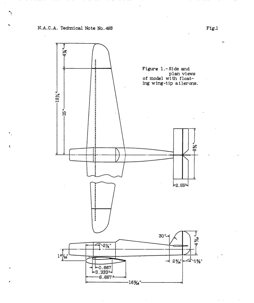 An illustration from Aerodynamic rolling and yawing moments produced by floating wing-tip ailerons, as measured by spinning balance, 1934, leaf 9