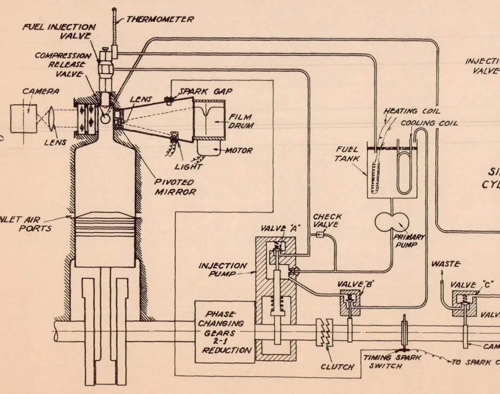 An illustration from A Preliminary Motion-picture Study of Combustion in a Compression-ignition Engine, 1934, leaf 10