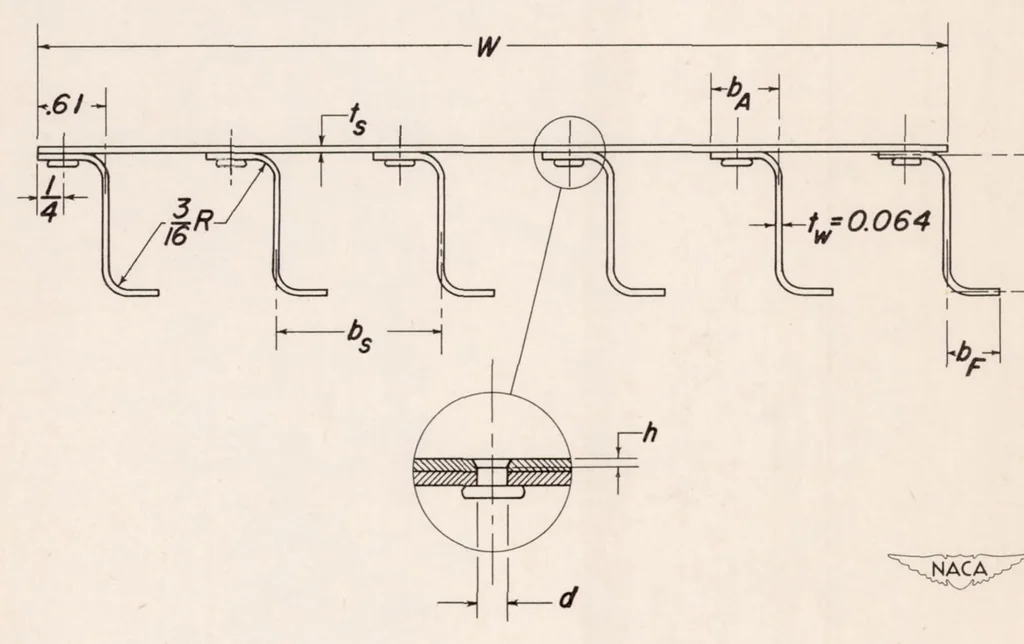 An illustration from Effect of Variation in Diameter and Pitch of Rivets on Compressive Strength of Panels with Z-section Stiffeners : Panels that Fail by Local Buckling and Have Various Values of Width-to-thickness Ratio for the Webs of the Stiffeners, 1948, leaf 18