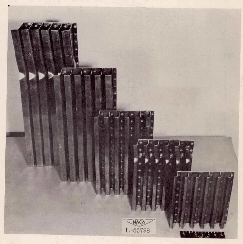 An illustration from Effect of Variation in Diameter and Pitch of Rivets on Compressive Strength of Panels with Z-section Stiffeners : Panels that Fail by Local Buckling and Have Various Values of Width-to-thickness Ratio for the Webs of the Stiffeners, 1948, leaf 20