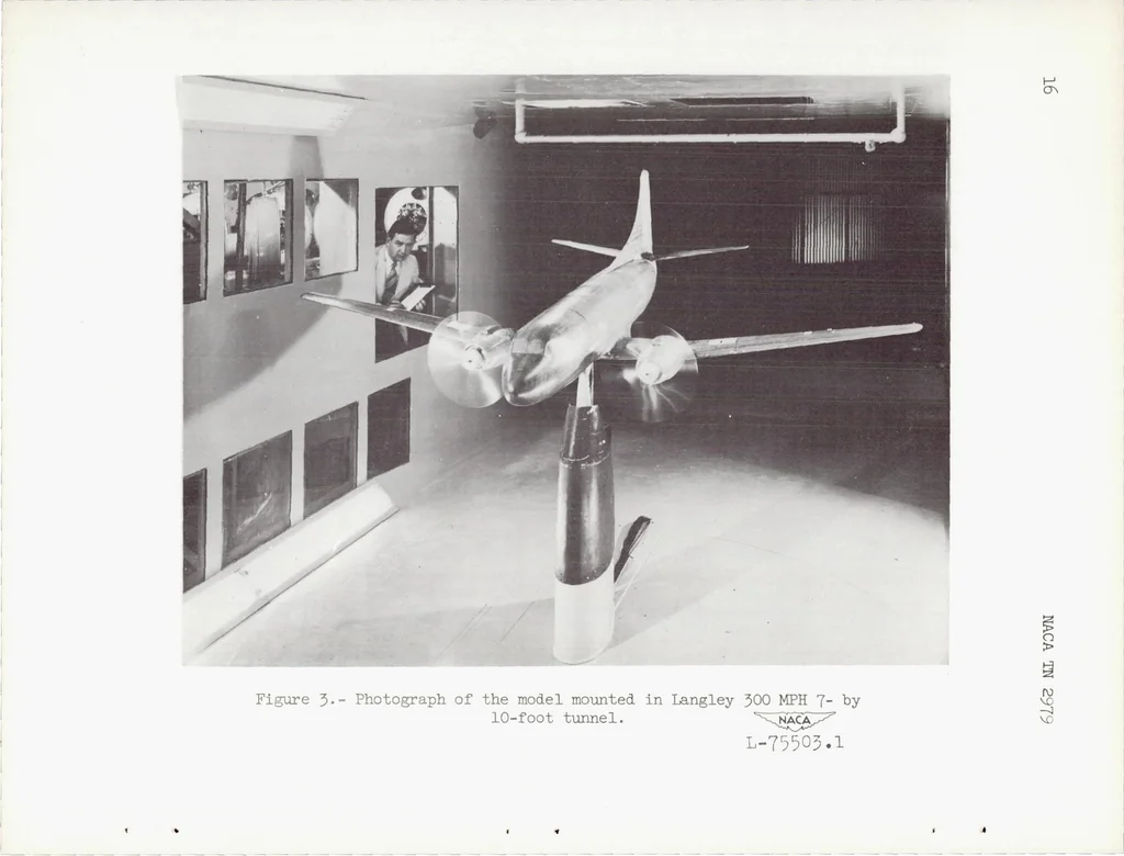 An illustration from Effects of Symmetric and Asymmetric Thrust Reversal on the Aerodynamic Characteristics of a Model of a Twin-engine Airplane, 1953, leaf 17