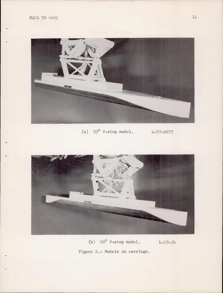 An illustration from Hydrodynamic Impact Loads on 30 Degree and 60 Degree V-step Plan-form Models with and Without Dead Rise, 1958, leaf 12