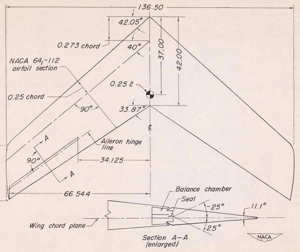 An illustration from Investigation of Low-speed Aileron Control Characteristics at a Reynolds Number of 6,800,000 of a Wing with Leading Edge Swept Back 42 Degrees with and Without High-lift Devices, 1949, leaf 14