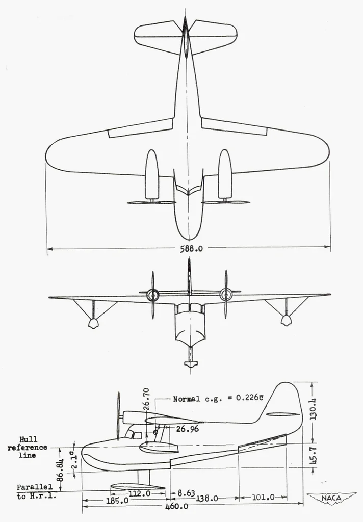 An illustration from Tank Investigation of the Grumman JRF-5 Airplane with a Single Hydro-ski and an Extended Afterbody, 1951, leaf 6
