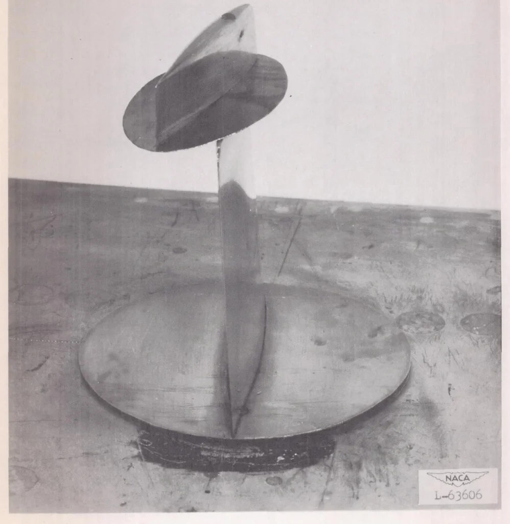 An illustration from An Investigation of Longitudinal Control Characteristics of a Wing-tip Control Surface on a Sweptback Wing at Transonic Speeds by the NACA Wing-flow Method, 1952, leaf 12