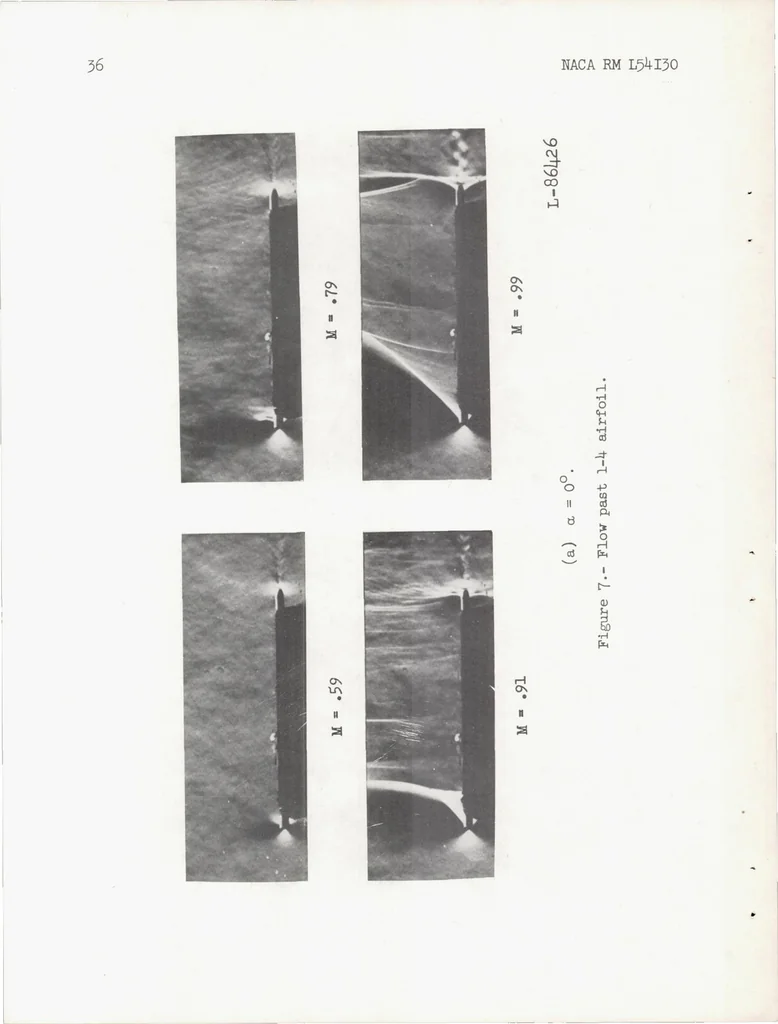 An illustration from Flow and Force Characteristics of 2-percent-thick Airfoils at Transonic Speeds, 1955, leaf 36